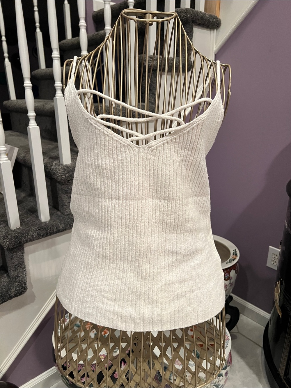 American Eagle Outfitters Cream Ribbed Strappy Knit Cami